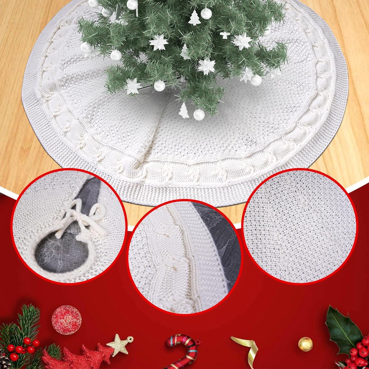 White Christmas Tree Skirt, 24 Inch Knitted Tree Skirt for 2-4 Ft Christmas Tree Luxury Knitted Thick Rustic Tree Skirt Xmas Decoration, Small Christmas Tree Skirt Decor for Pencil Christmas Tree