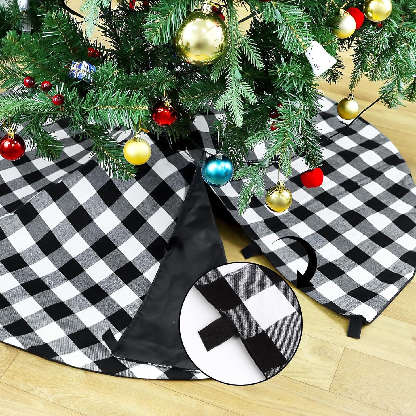 48 Inch Buffalo Plaid Christmas Tree Skirt Large Black and White Buffalo Plaid Double Layers Tree Skirt for Holiday Christmas Decorations