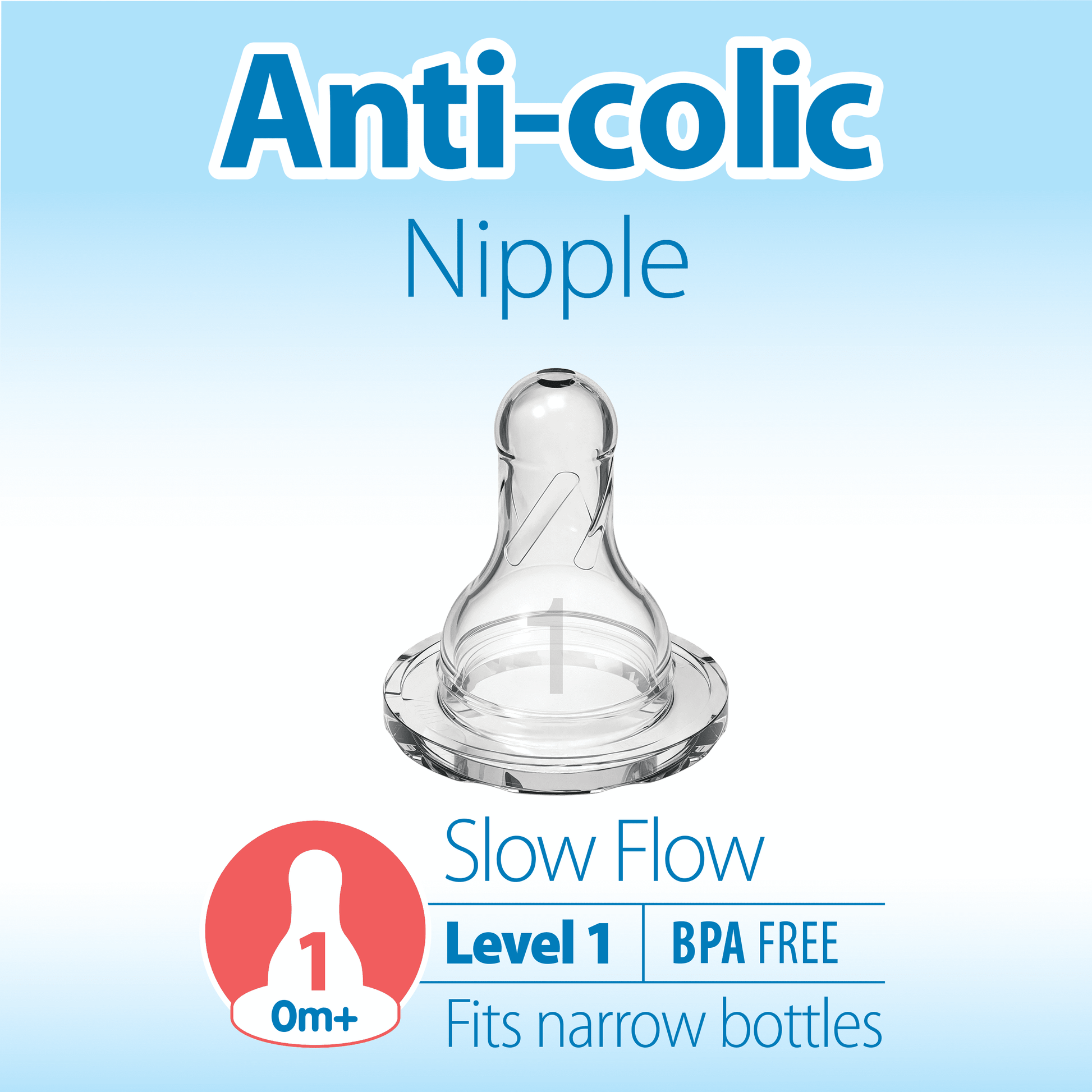 Natural Flow Level 1, Narrow Baby Bottle Nipple, Slow Flow, 0M+, 100% Silicone, 6 Pack