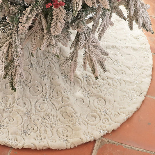 47 Inch Christmas Tree Skirt, White Tree Skirt with Silver Sequin Snowflakes, Large Plush Faux Fur Tree Skirt for Christmas, Snow Christmas Decorations for Holiday Tree Ornaments, Silver