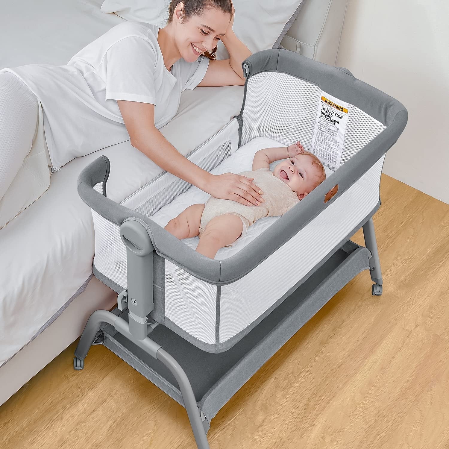 Baby Bassinet, 3 in 1 Bassinet Bedside Sleeper with Washable Soft Mattress and Sheet, 6 Height Adjustable Easy Folding Bedside Crib, 4-Sided Mesh Bedside Bassinet for Baby,Gray