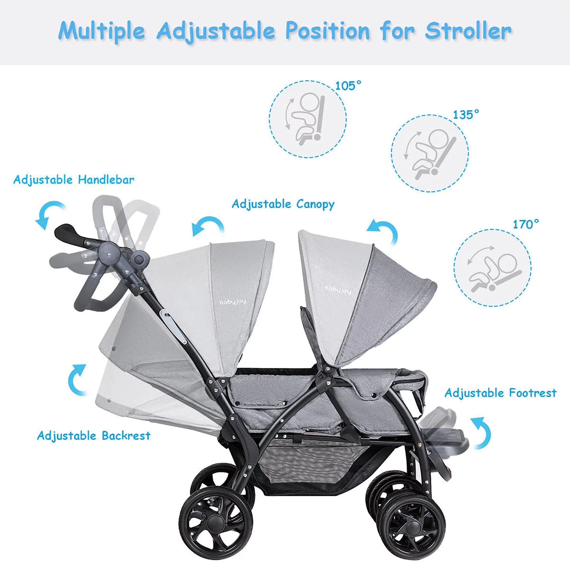 Babyjoy Double Stroller Foldable Baby Twin Lightweight Travel Stroller Infant Pushchair Grey
