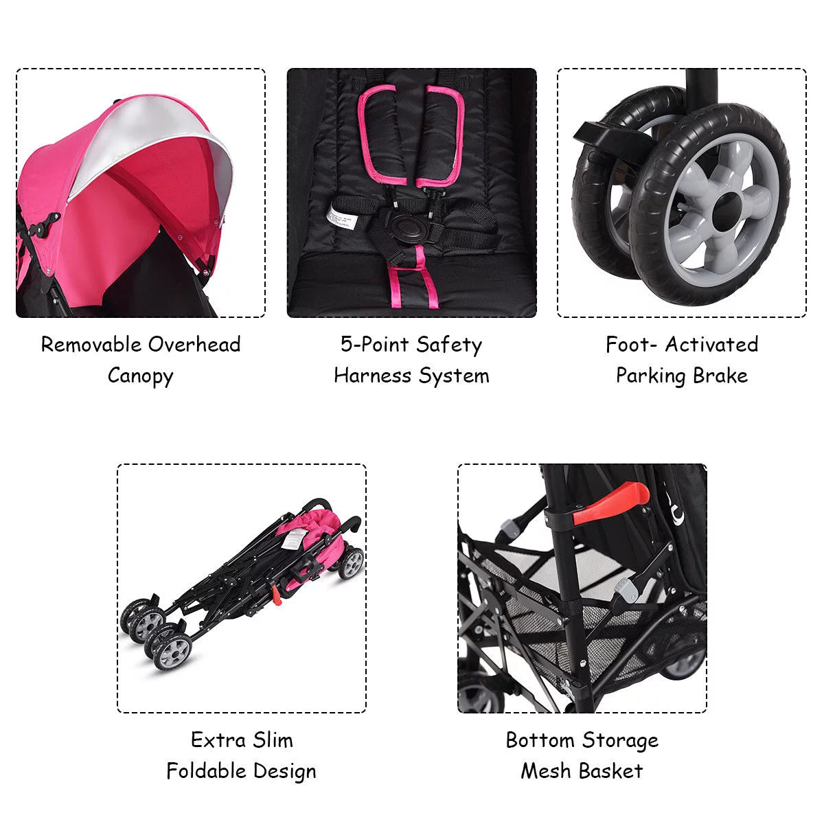 Folding Lightweight Baby Toddler Umbrella Travel Stroller with Storage Basket Pink