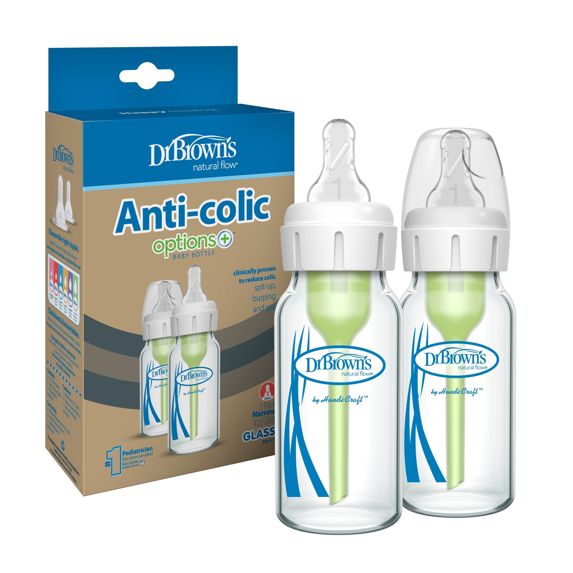 Natural Flow Anti-Colic Options+ Narrow Glass Baby Bottle, 4Oz/120Ml, Level 1 Nipples, 0M+, 2 Pack