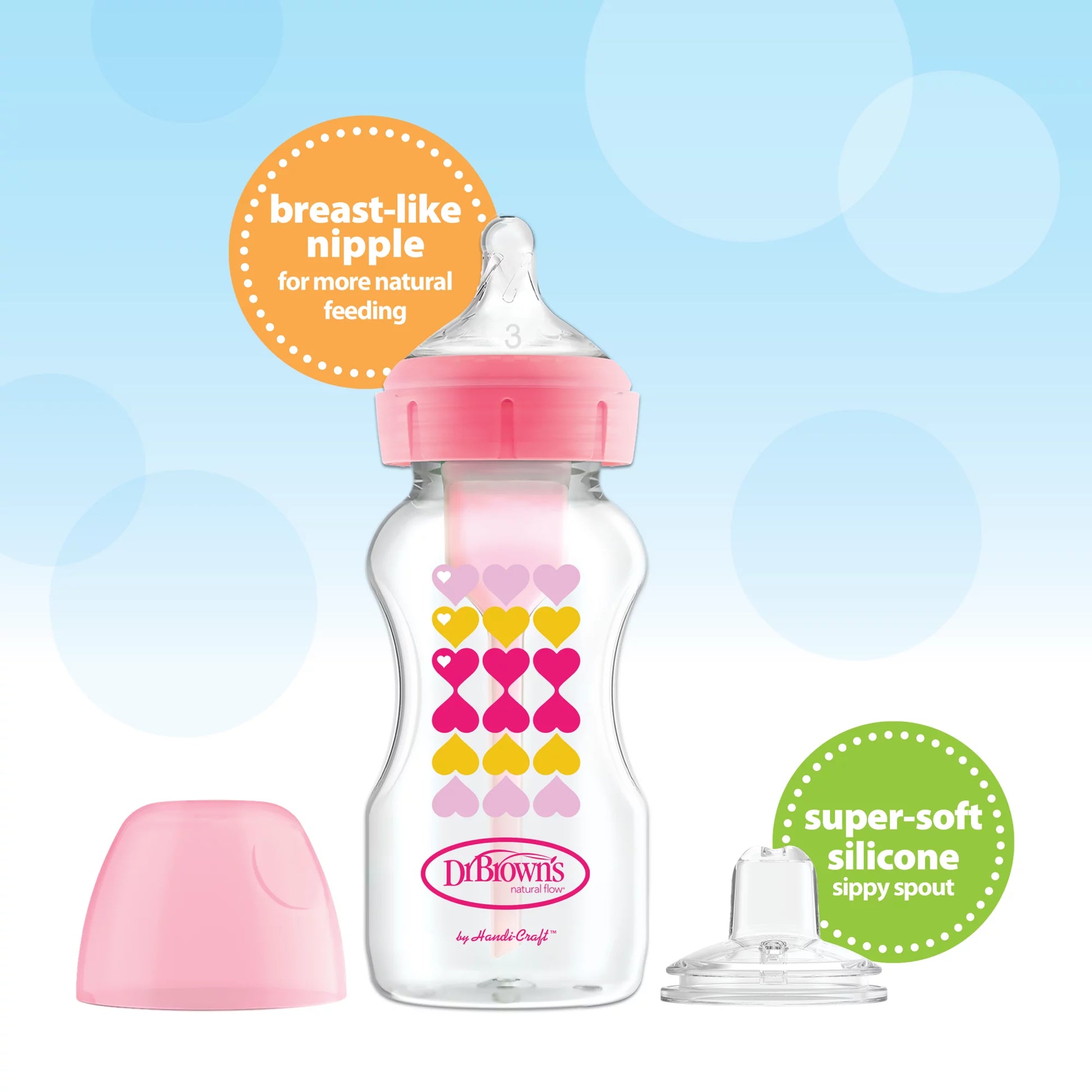 Natural Flow Anti-Colic Options+ Wide-Neck Bottle to Sippy Starter Kit, 0M+, Pink, 2 Pack