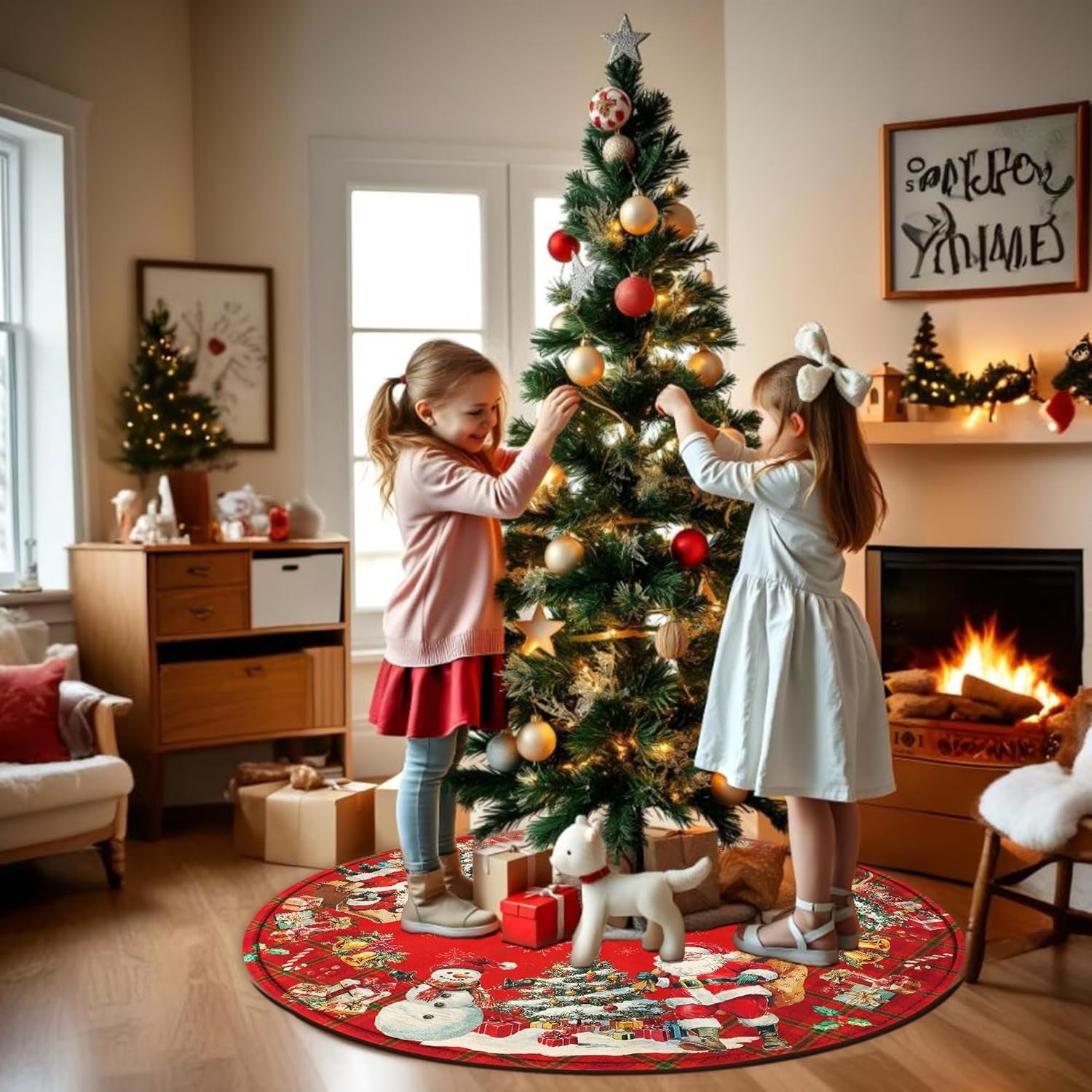 Double Sided Snowman Reindeer Santa Snowman Snowflake Christmas Tree Skirt, Snowman Tree Skirt for Winter Holiday Party Christmas Tree Skirt Decoration, 48 Inch Pink Tree Skirt