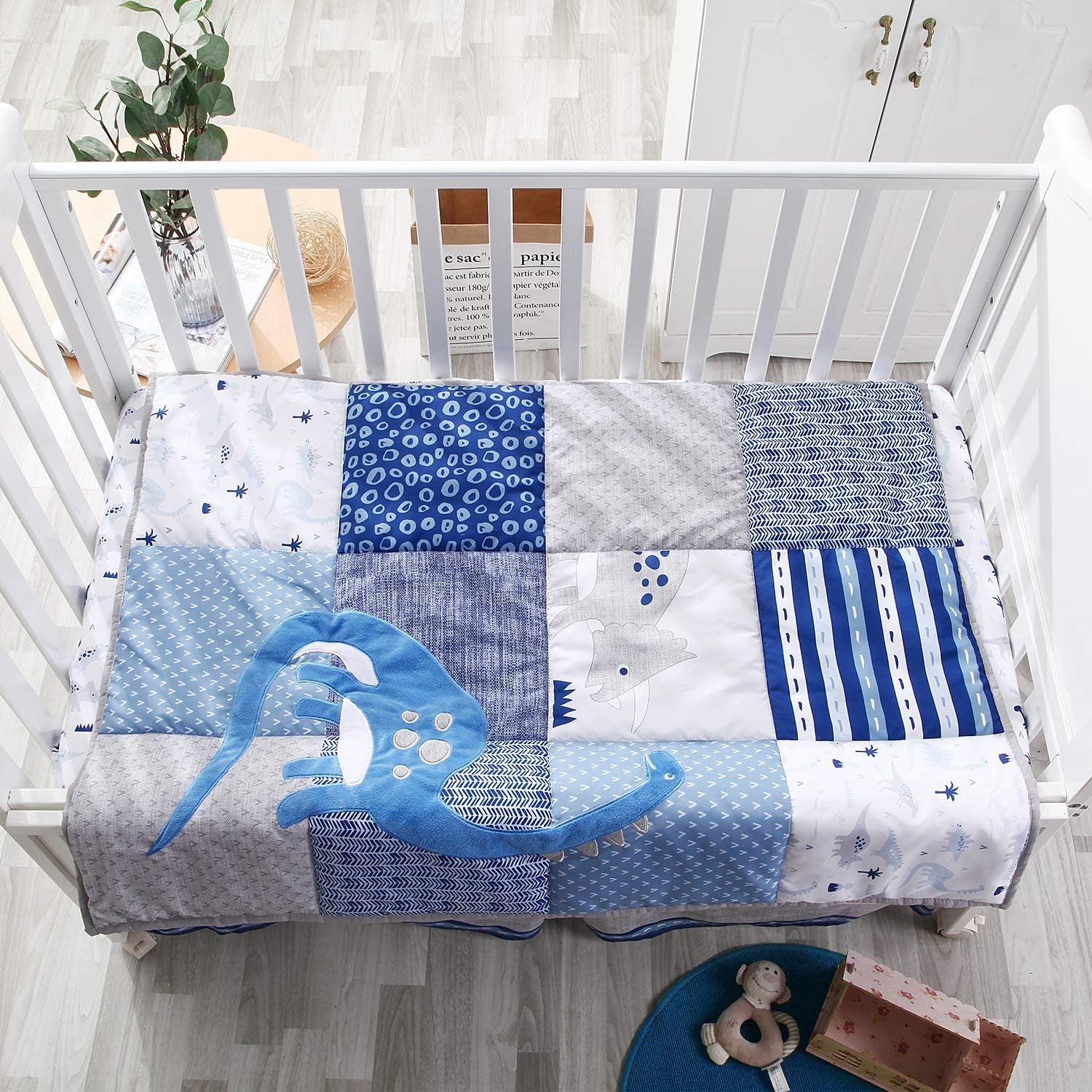 3 Piece Baby Crib Bedding Set, Dinosaur Standard Size Crib Set, Nursery Bedding for Boys, Crib Sheet, Comforter, Crib Skirt, 28" X 52", Blue/Grey