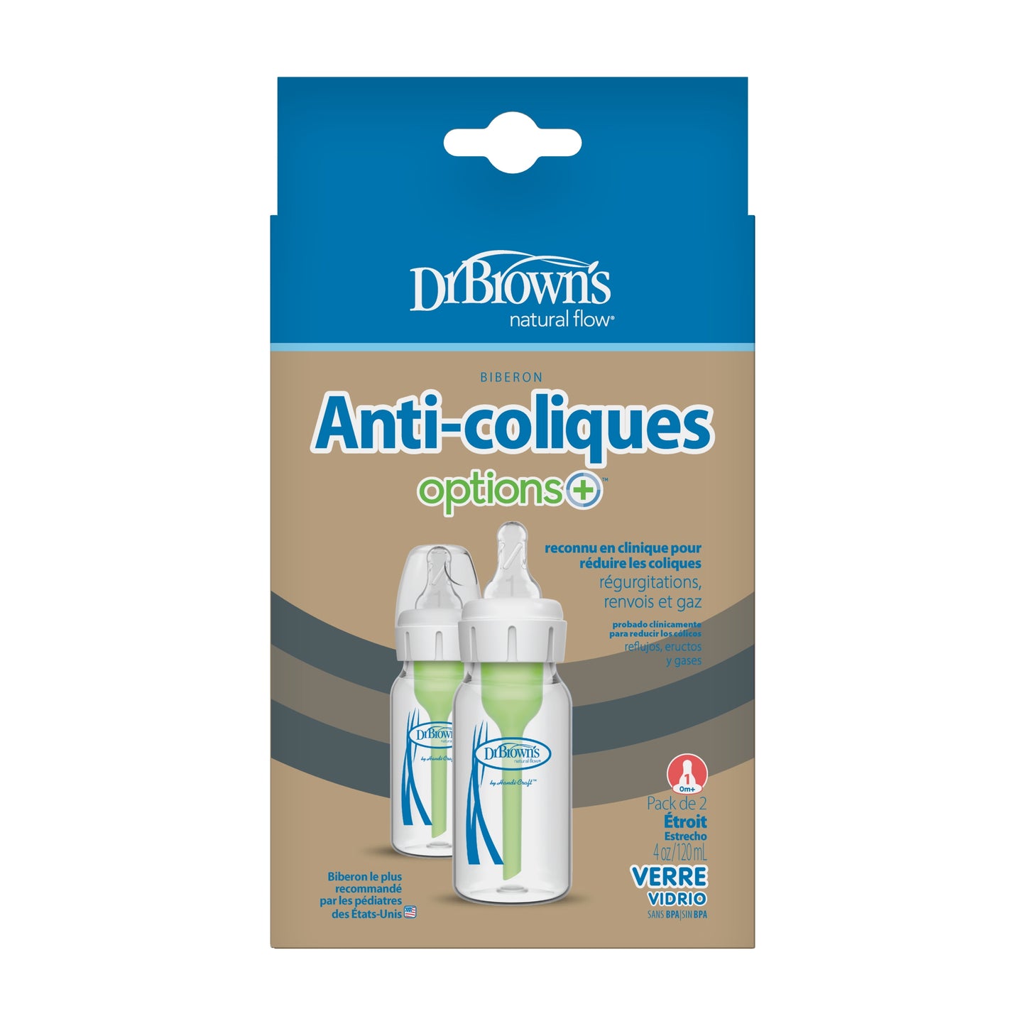 Natural Flow Anti-Colic Options+ Narrow Glass Baby Bottle, 4Oz/120Ml, Level 1 Nipples, 0M+, 2 Pack