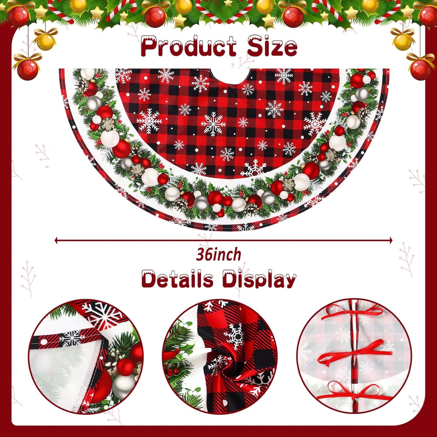 36 Inch Christmas Tree Skirt Red and Black Buffalo Plaid Christmas Tree Skirt,Christmas Tree Skirt Snowflake Bells Decoration, Christmas and New Year'S Eve Holiday Party Outdoor Decoration