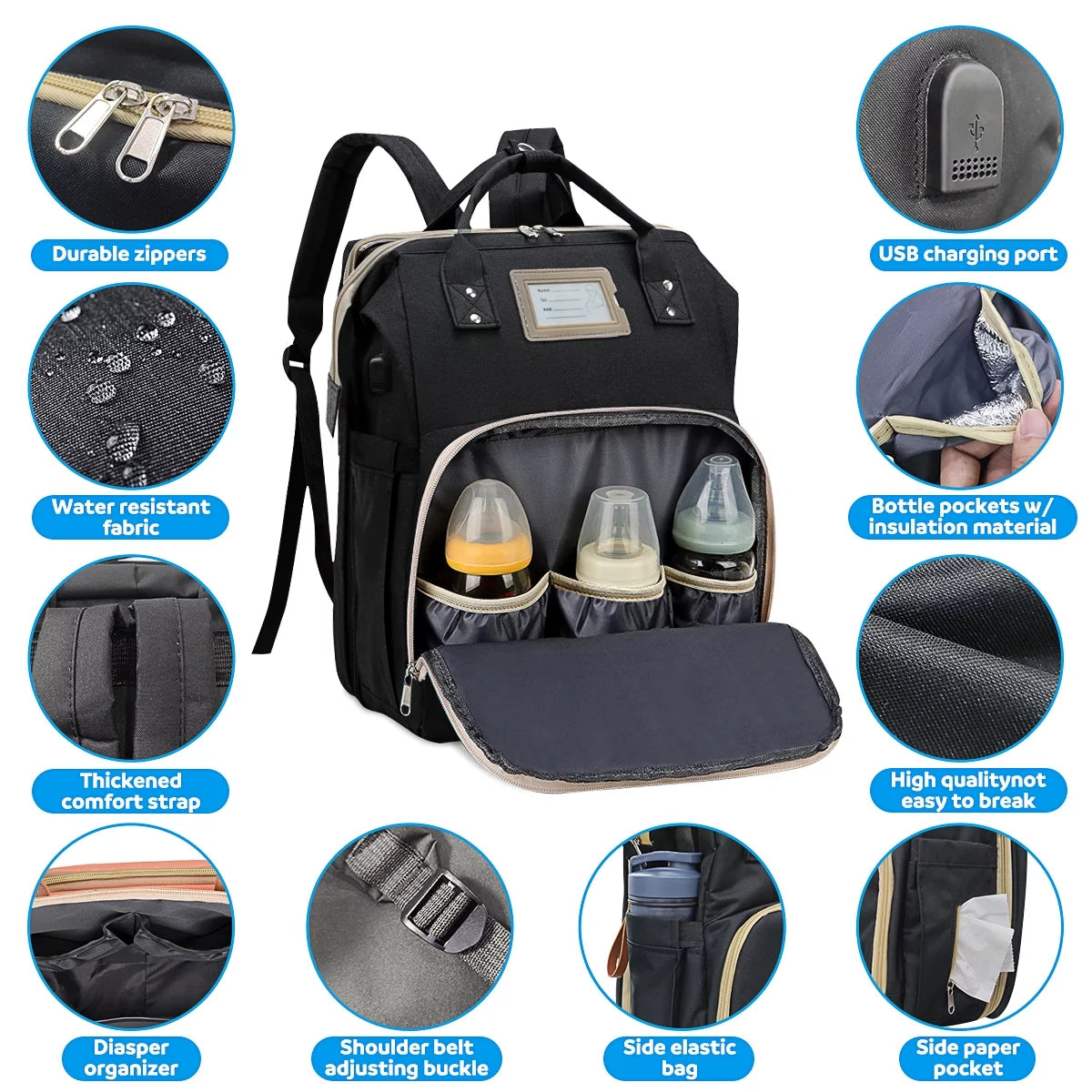 Multifunctional Baby Diaper Bag with Changing Station (Black)